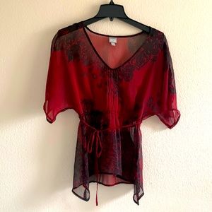 Converse One Star sheer maroon floral blouse